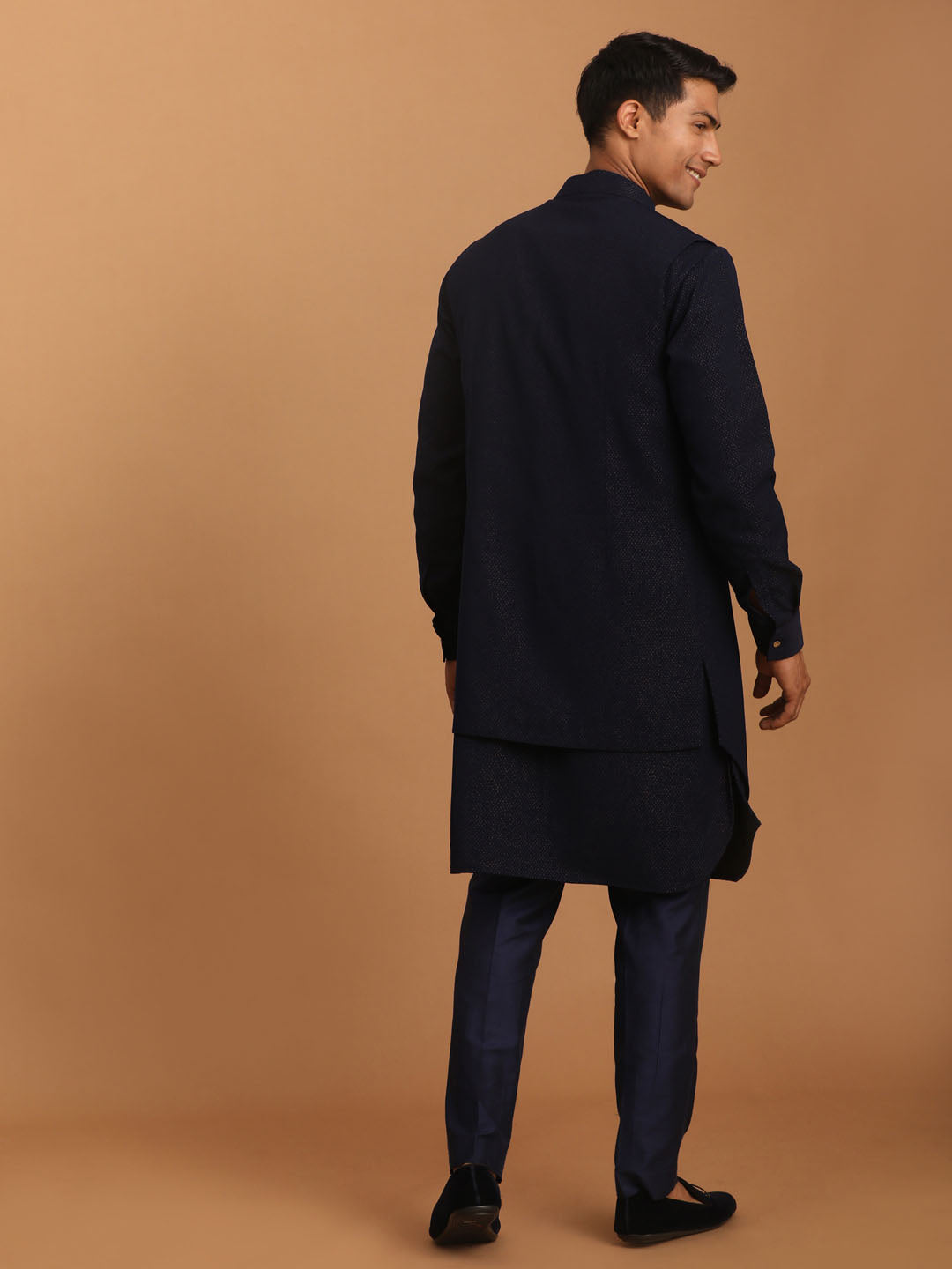 Men's Navy Blue Printed Jacket Kurta Pant Set