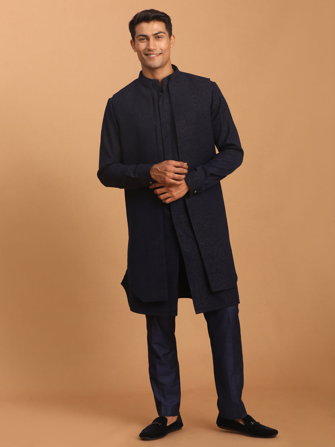 Men's Navy Blue Printed Jacket Kurta Pant Set