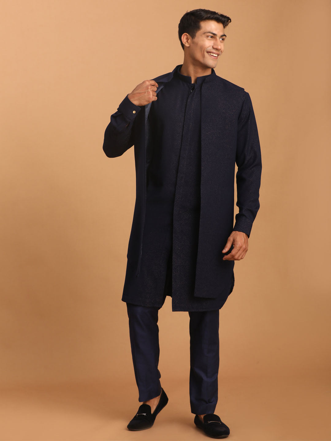 Men's Navy Blue Printed Jacket Kurta Pant Set