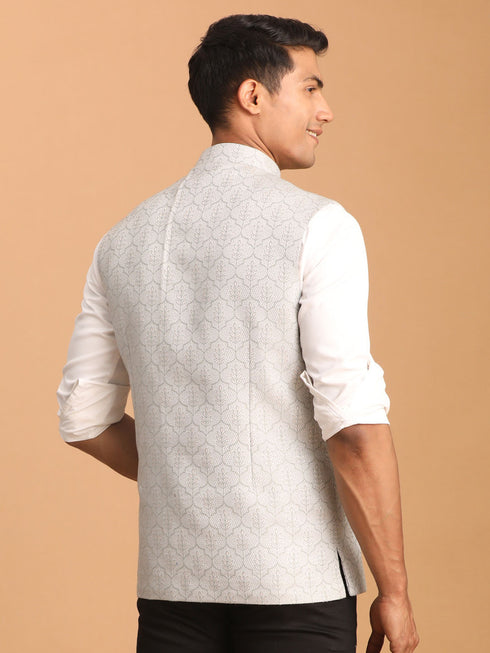 Men's Grey Jacquard Silk Blend Printed Jacket