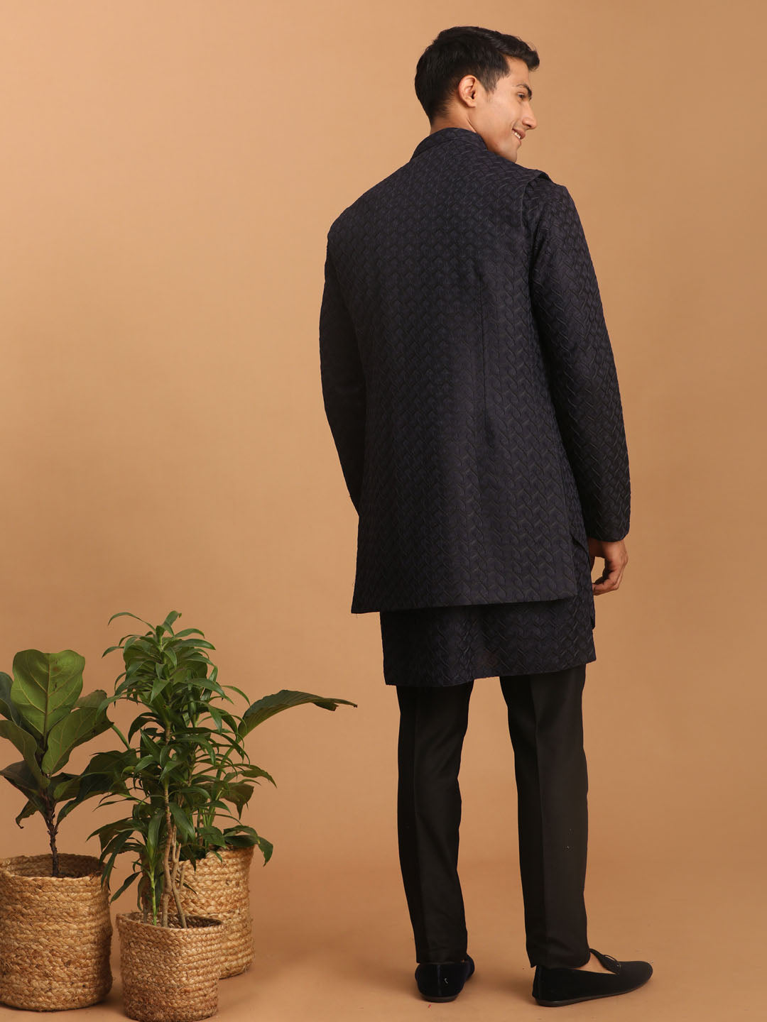 Men's Navy Blue Jacket With Kurta Pant Set