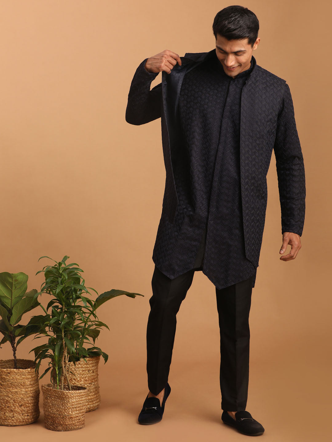 Men's Navy Blue Jacket With Kurta Pant Set
