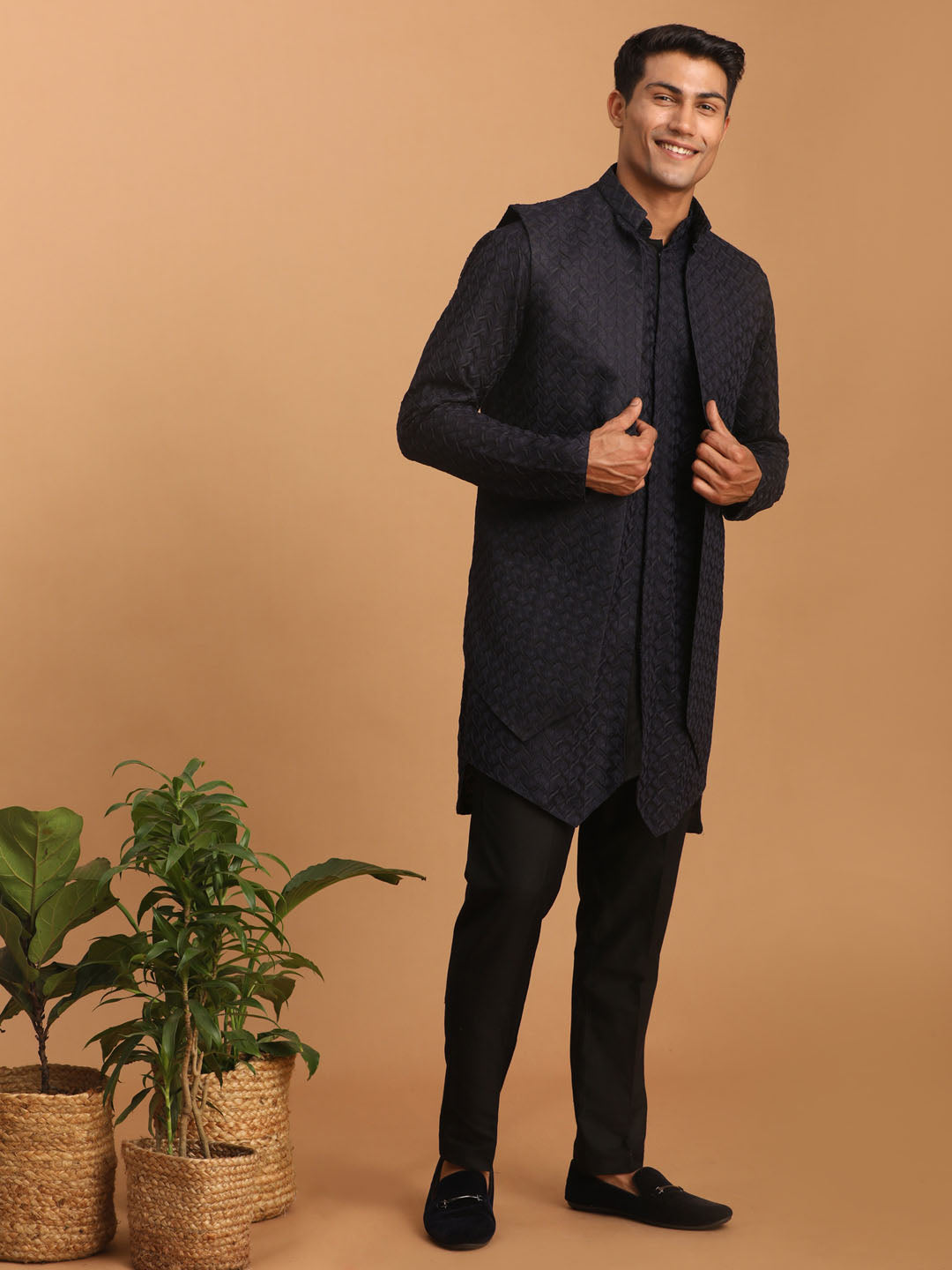 Men's Navy Blue Jacket With Kurta Pant Set