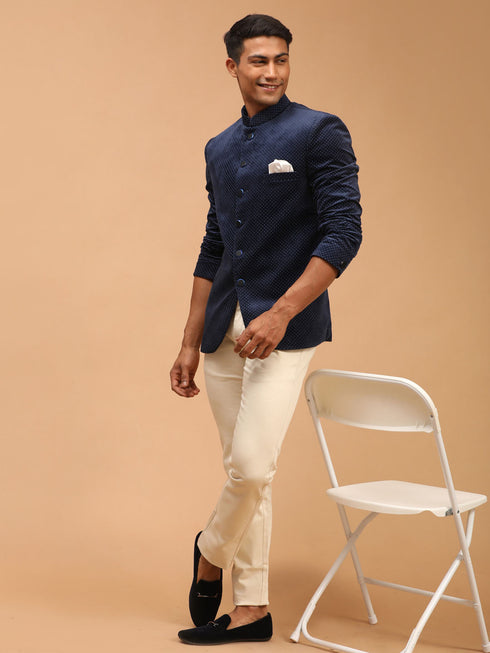 Men's Blue Polka Dot Printed Velvet Jodhpuri