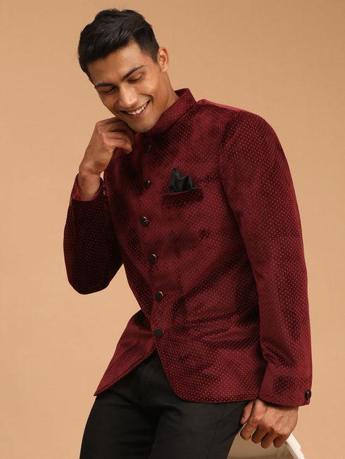 Men's Maroon Polka Dot Printed Velvet Jodhpuri