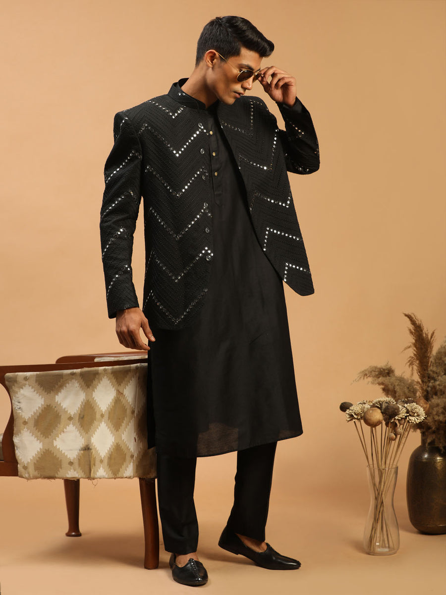 Vastramay Men s Black Mirror Jodhpuri With Kurta Pant Set vastramay