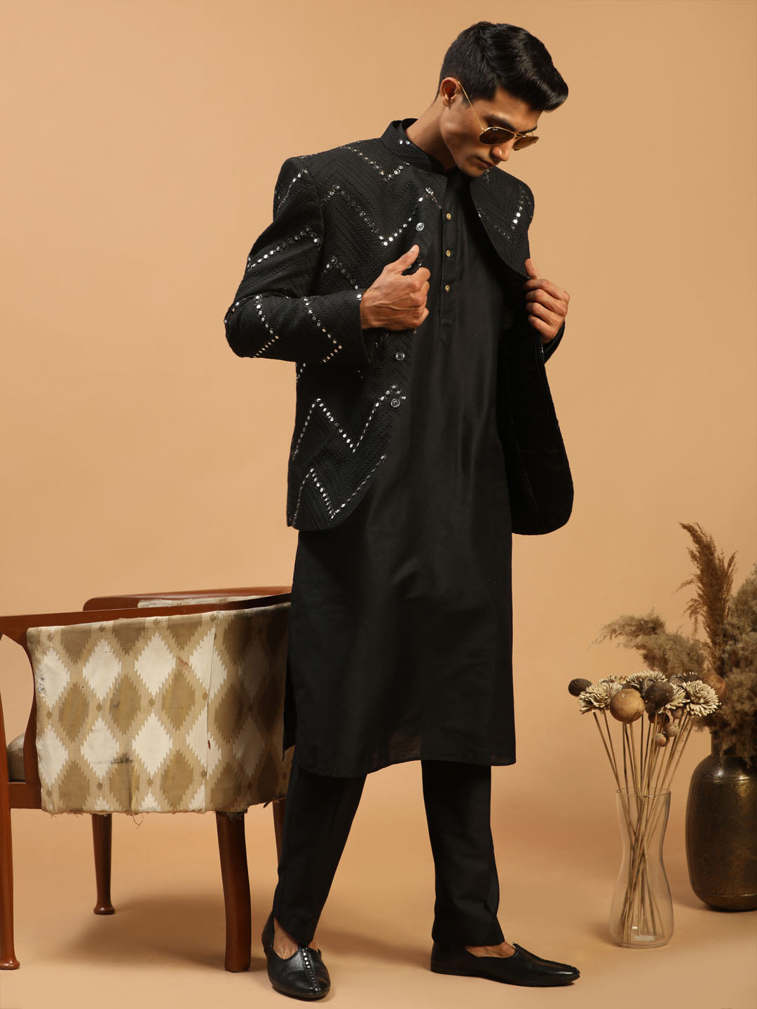 Men's Black Mirror Jodhpuri With Kurta Pant Set