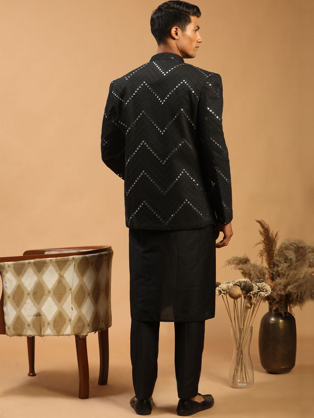 Men's Black Mirror Jodhpuri With Kurta Pant Set
