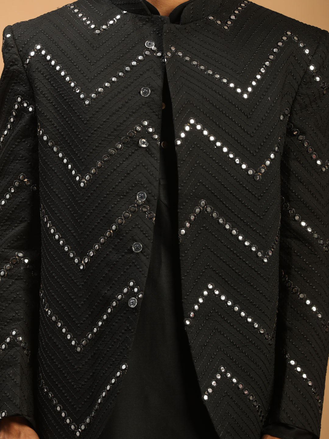 Men's Black Mirror Jodhpuri With Kurta Pant Set