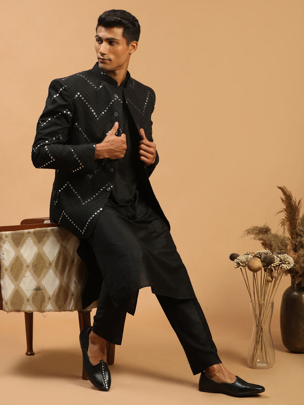 Men's Black Mirror Jodhpuri With Kurta Pant Set