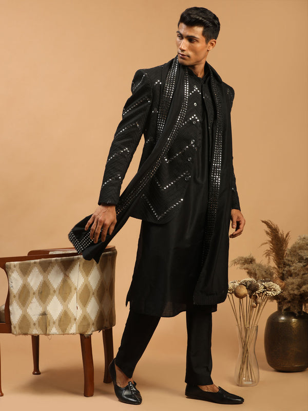 Men's Black Mirror Jodhpuri With Kurta Pant And Dupatta Set