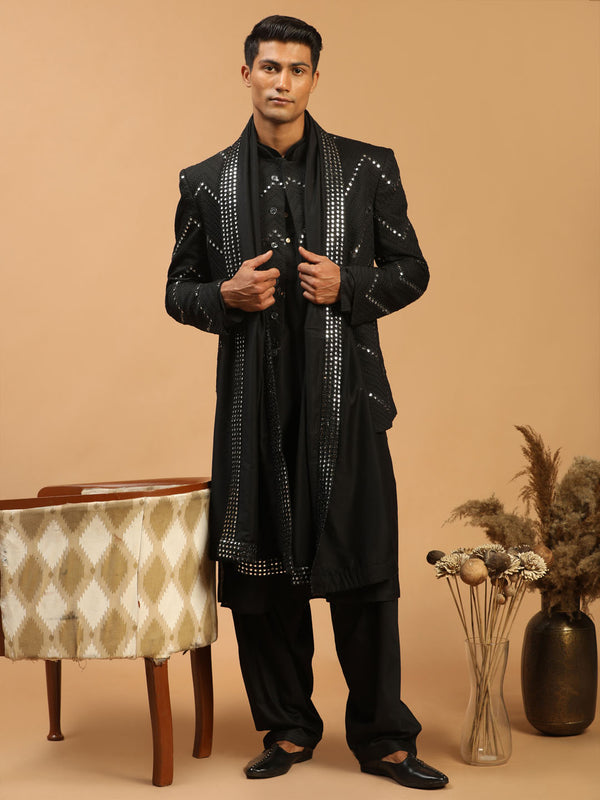 Men's Black Mirror Jodhpuri With Kurta Patiala And Dupatta Set