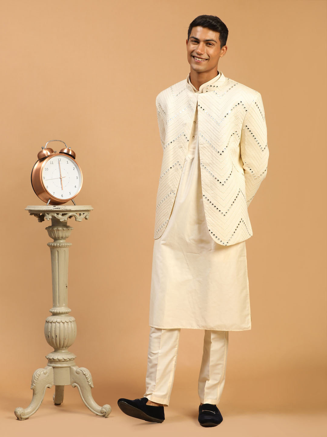 Men's Cream Mirror Jodhpuri With Kurta Pant Set