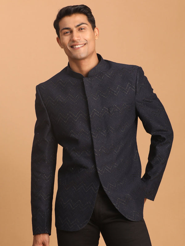 Men's Navy Blue Silk Blend Glitter Zig Zag Jodhpuri
