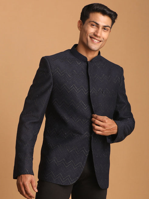 Men's Navy Blue Silk Blend Glitter Zig Zag Jodhpuri