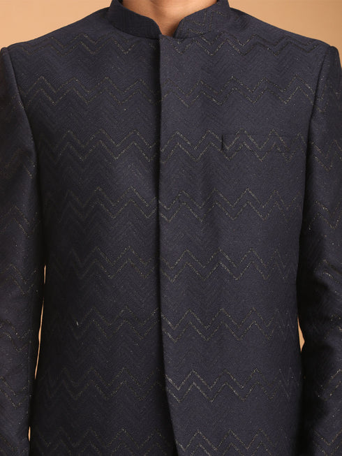 Men's Navy Blue Silk Blend Glitter Zig Zag Jodhpuri