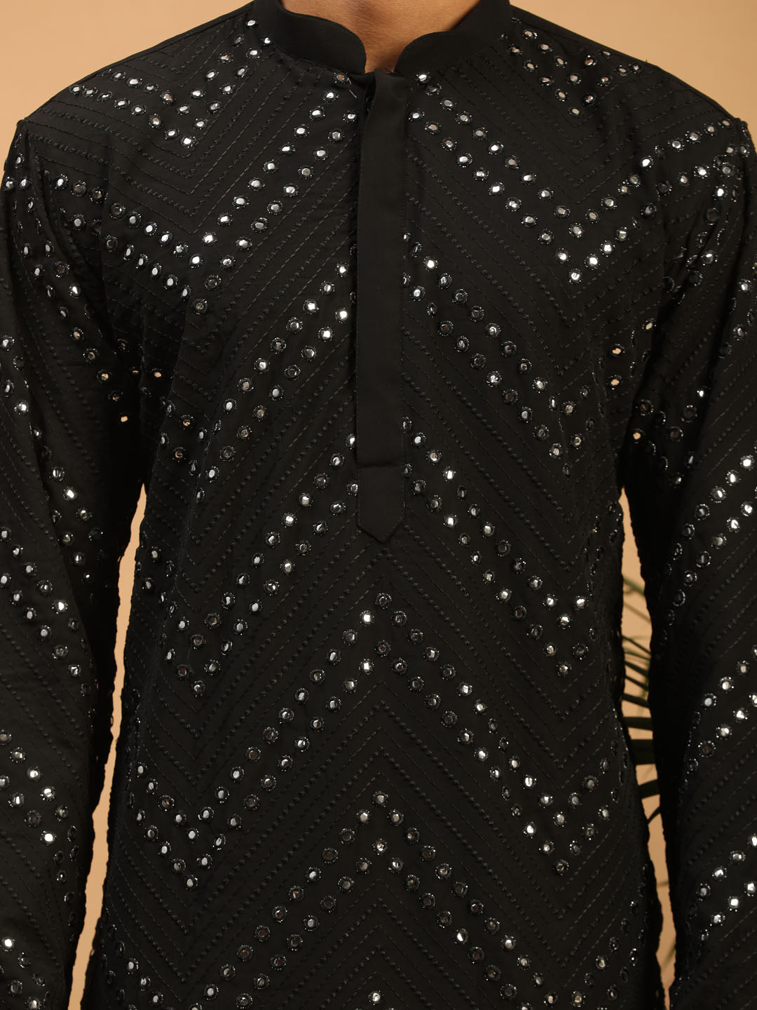 Men's Black Mirror Kurta Dhoti Set
