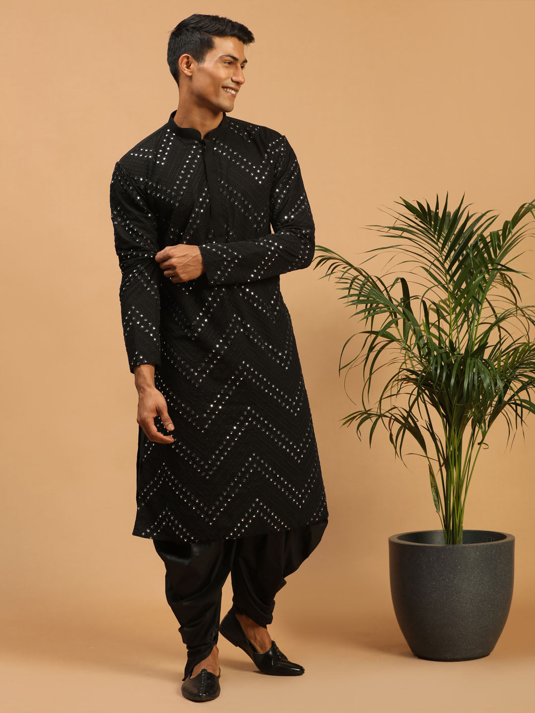 Men's Black Mirror Kurta Dhoti Set