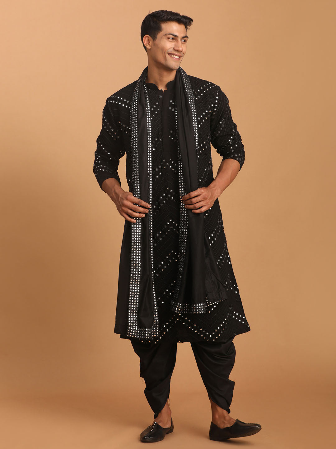 Men's Black Mirror Kurta Dhoti And Dupatta Set