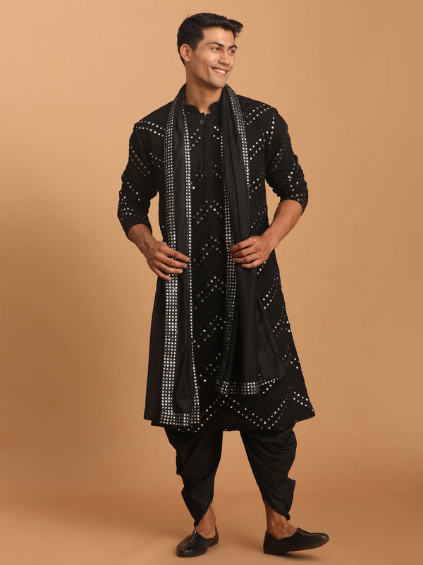 Men's Black Mirror Kurta Dhoti And Dupatta Set