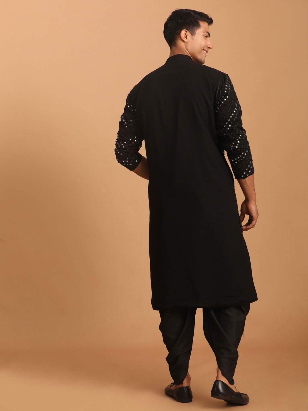 Men's Black Mirror Kurta Dhoti And Dupatta Set