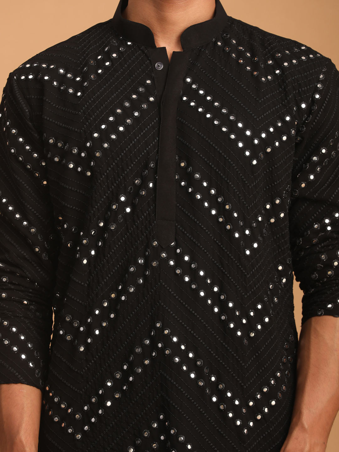 Men's Black Mirror Kurta Dhoti And Dupatta Set