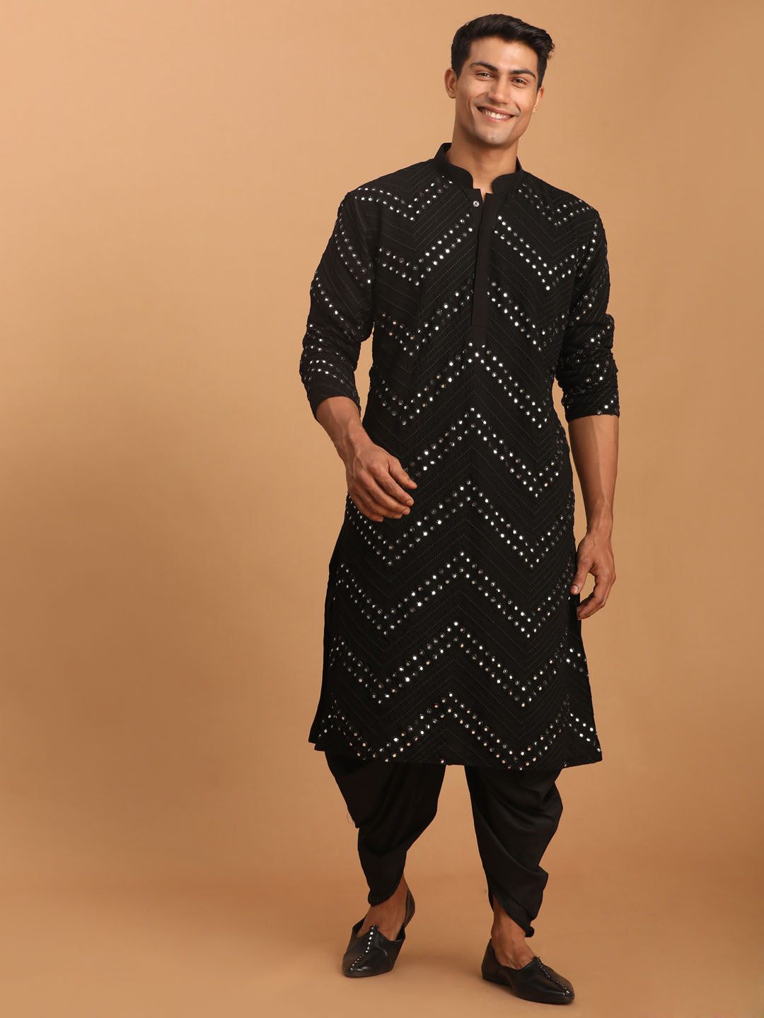 Men's Black Mirror Kurta Dhoti And Dupatta Set