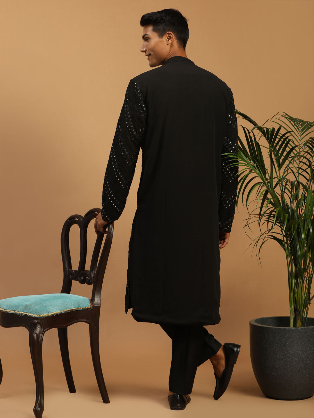 Men's Black Mirror Kurta Pyjama And Dupatta Set