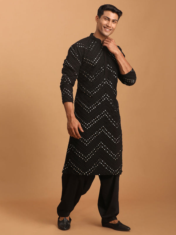 Men's Black Mirror Kurta With Patiala Set