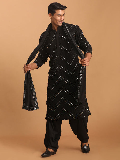 Men's Black Mirror Kurta Patiala And Dupatta Set
