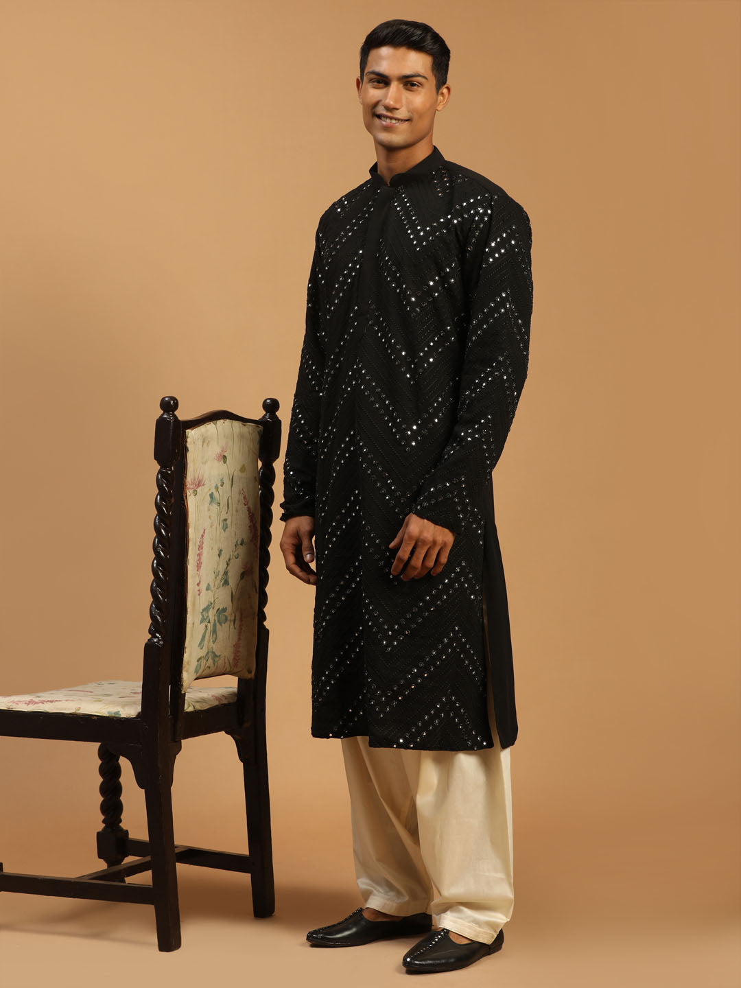 Men's Black Mirror Kurta With Patiala Set
