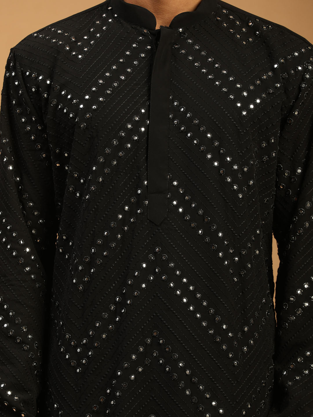 Men's Black Mirror Kurta With Patiala Set
