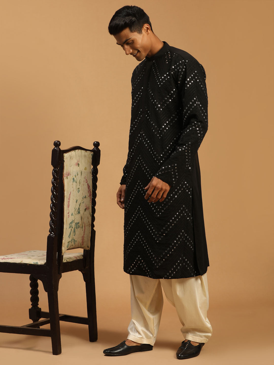 Men's Black Mirror Kurta With Patiala Set