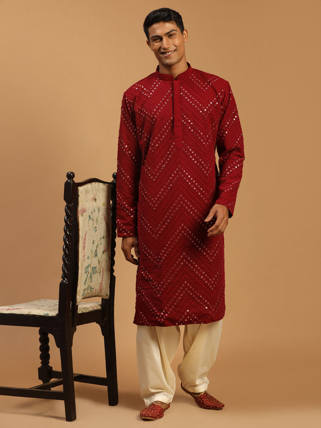Men's Maroon Mirror Kurta With Patiala Set