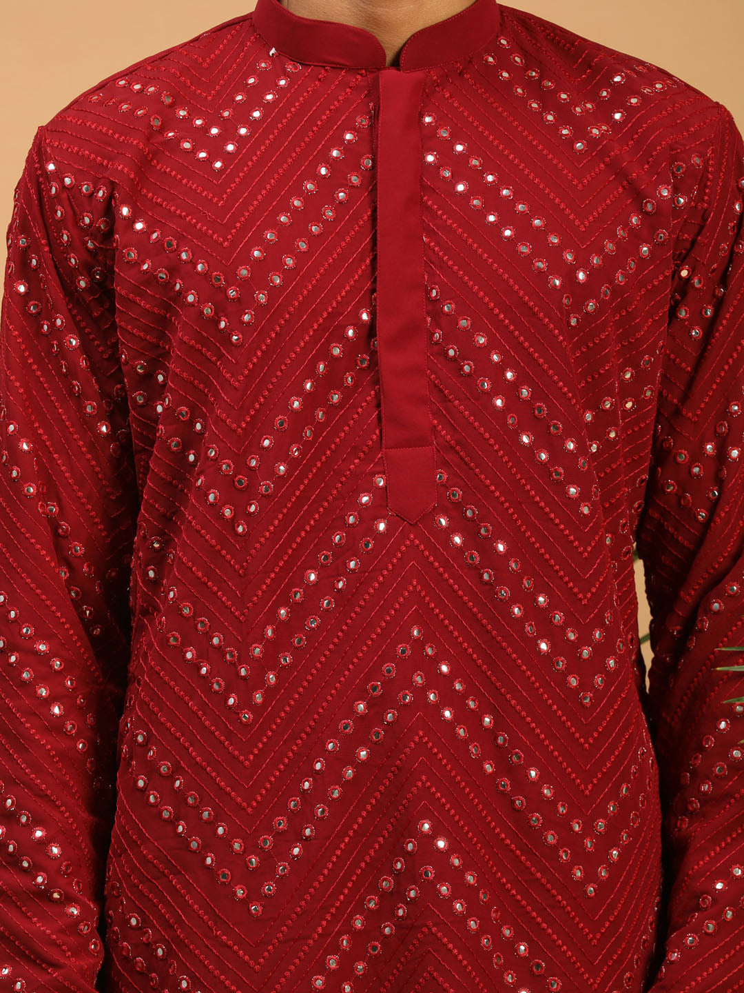 Men's Maroon Mirror Kurta With Patiala Set