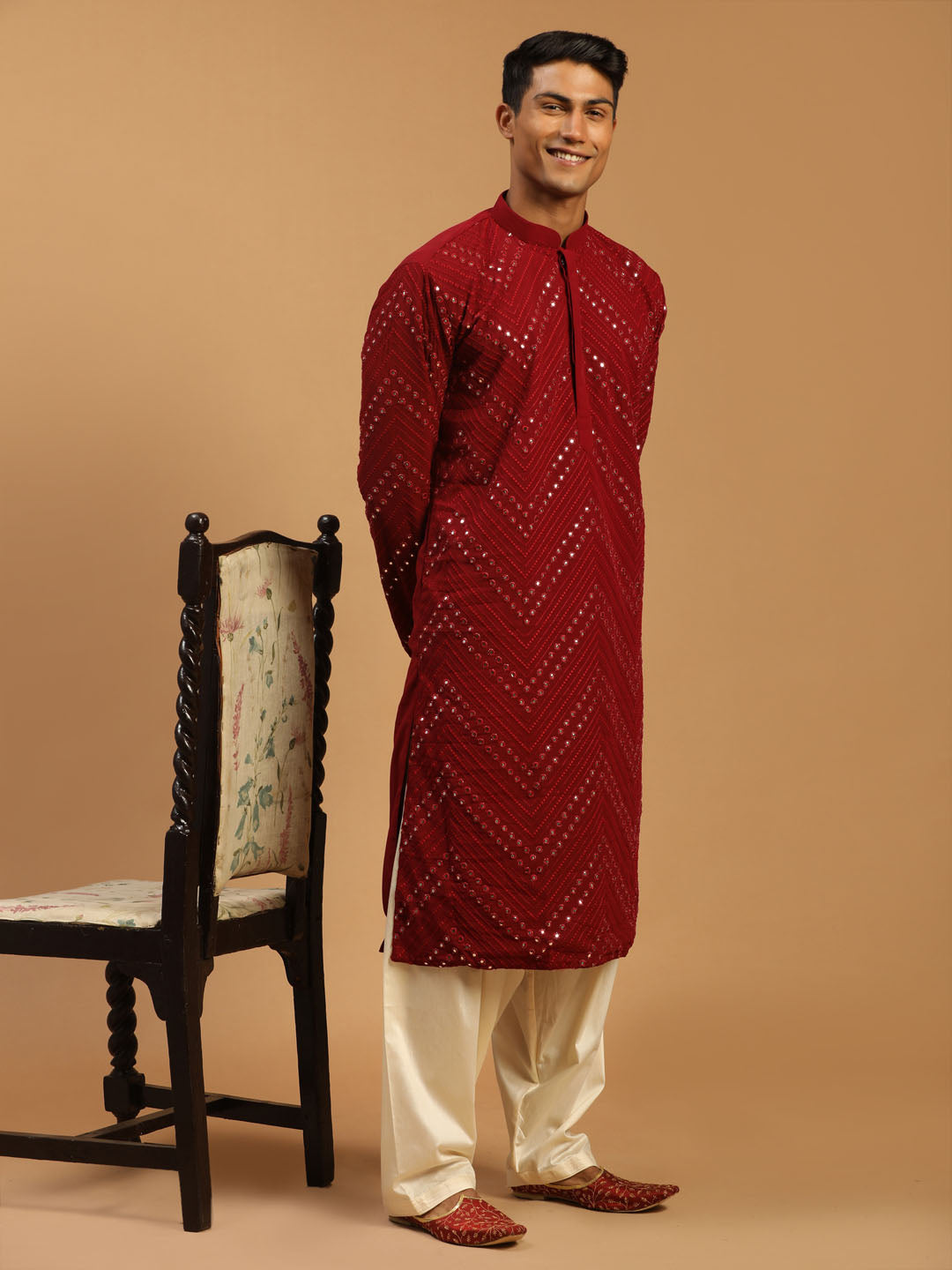 Men's Maroon Mirror Kurta With Patiala Set
