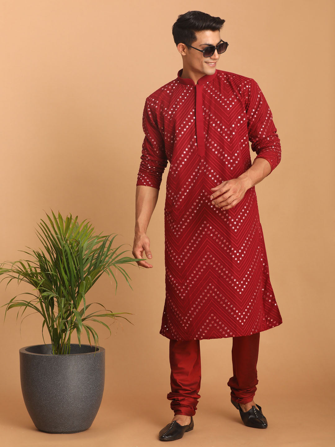 Men's Maroon Mirror Kurta Pyjama Set