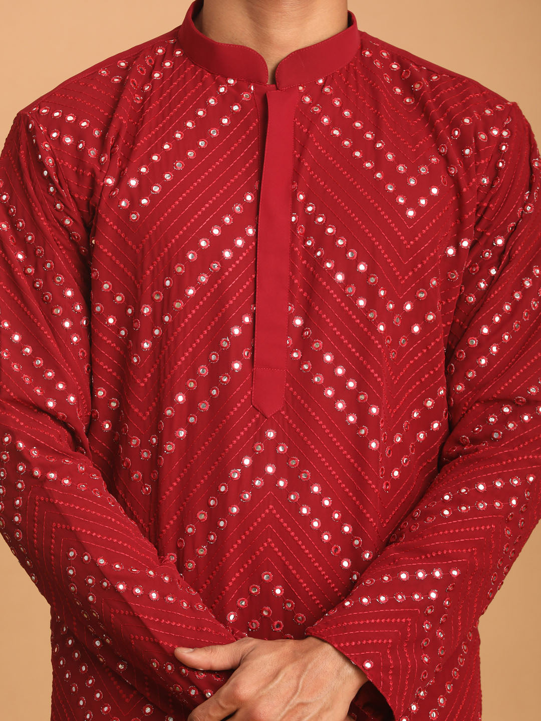 Men's Maroon Mirror Kurta Pyjama Set