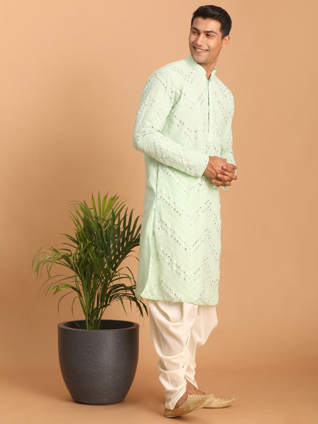 Men's Mint Green Mirror Kurta Dhoti Set