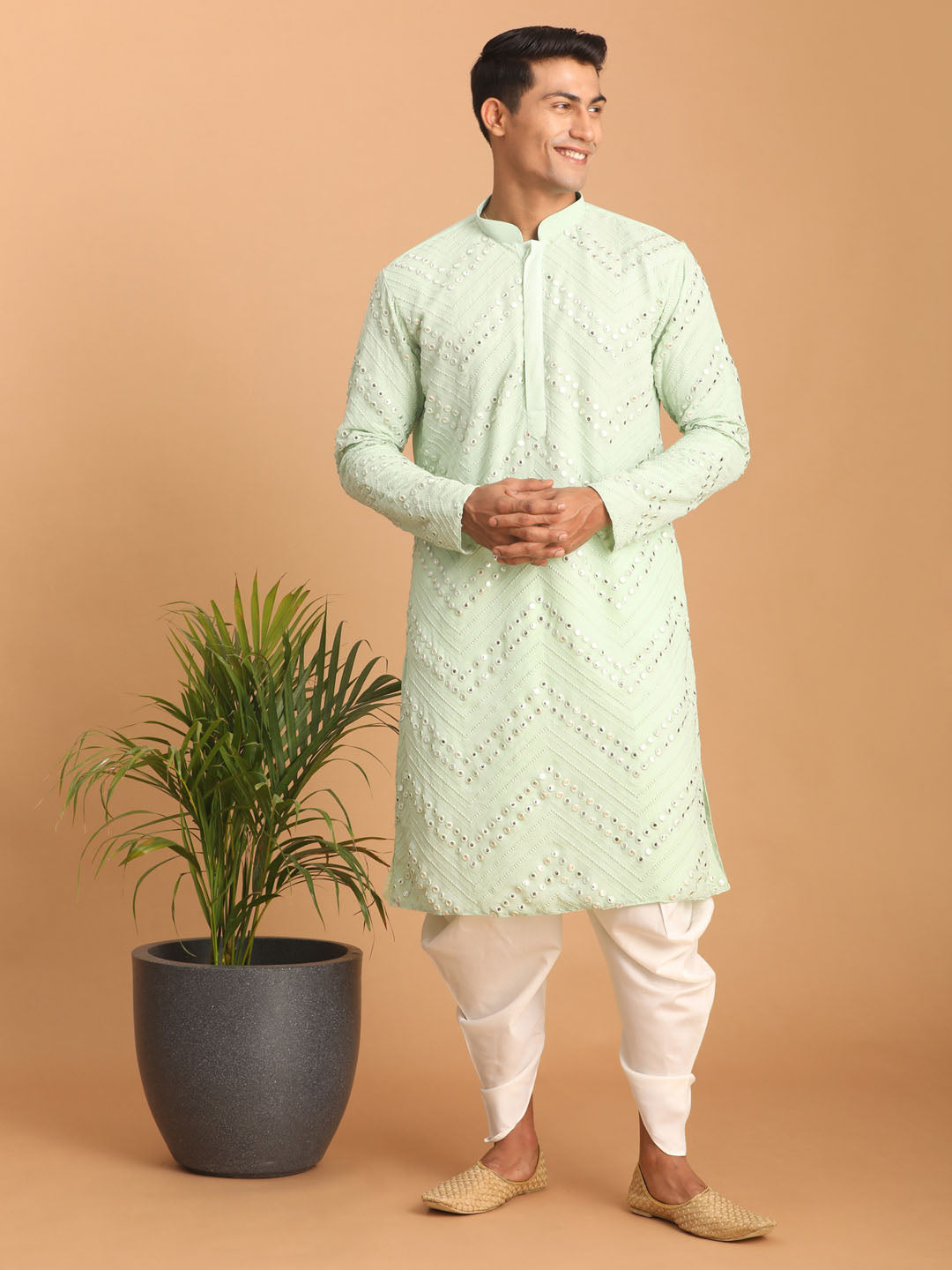 Men's Mint Green Mirror Kurta Dhoti Set