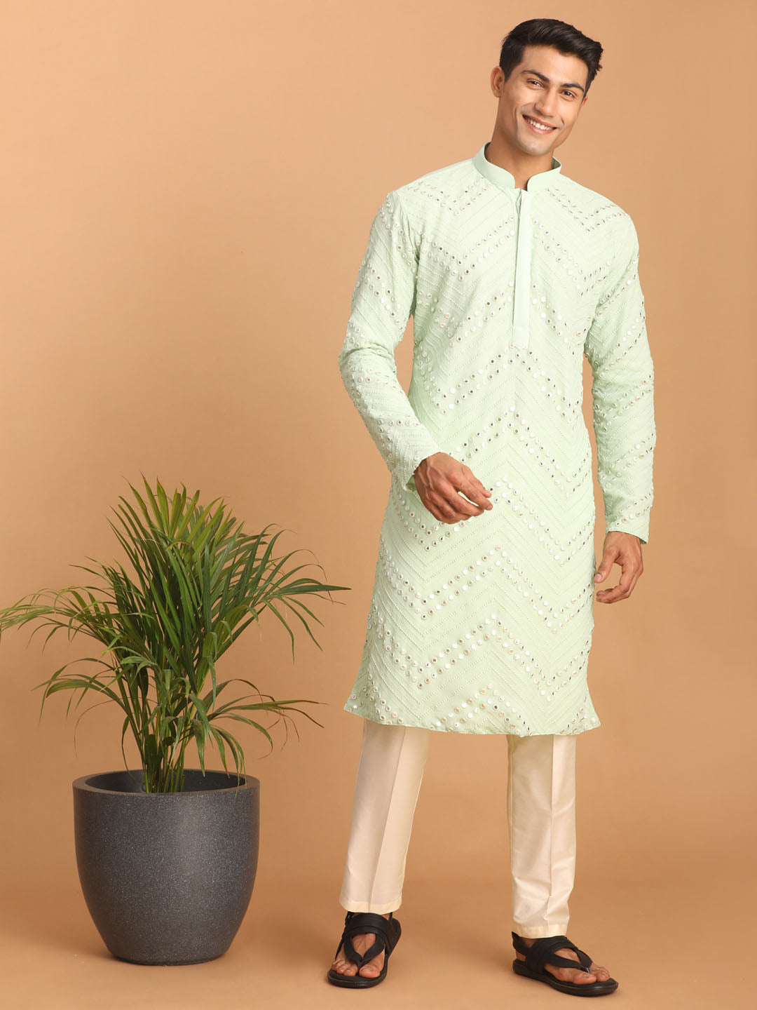 Men's Mint Green Mirror Kurta Pant Set