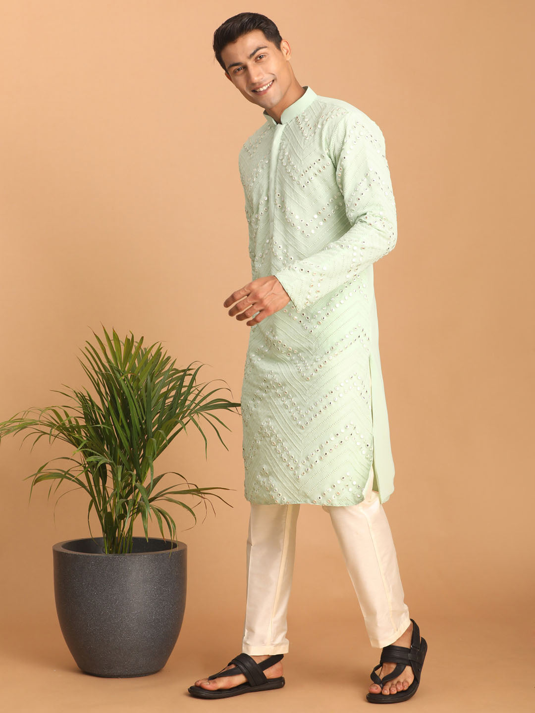 Men's Mint Green Mirror Kurta Pant Set