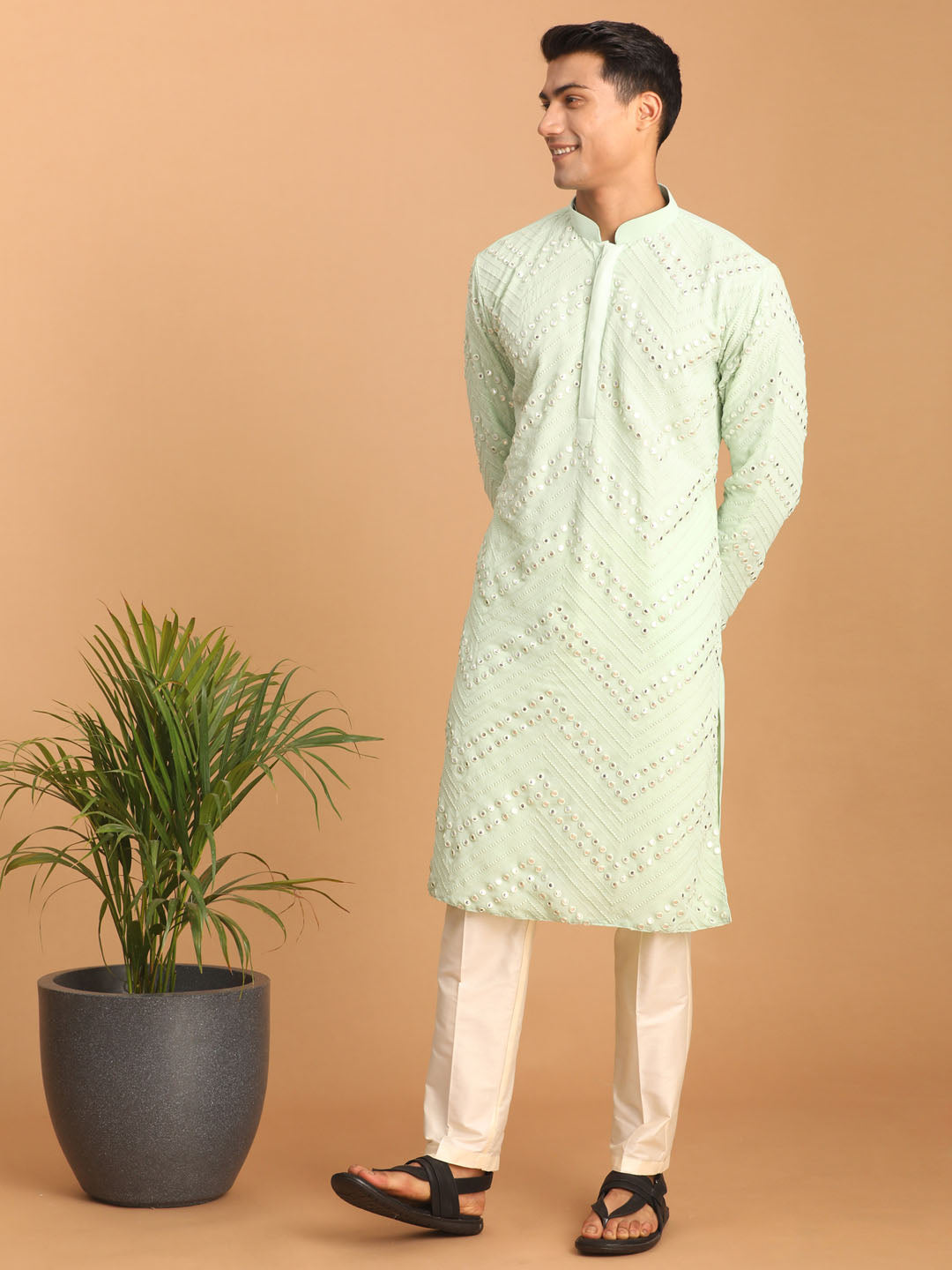 Men's Mint Green Mirror Kurta Pant Set