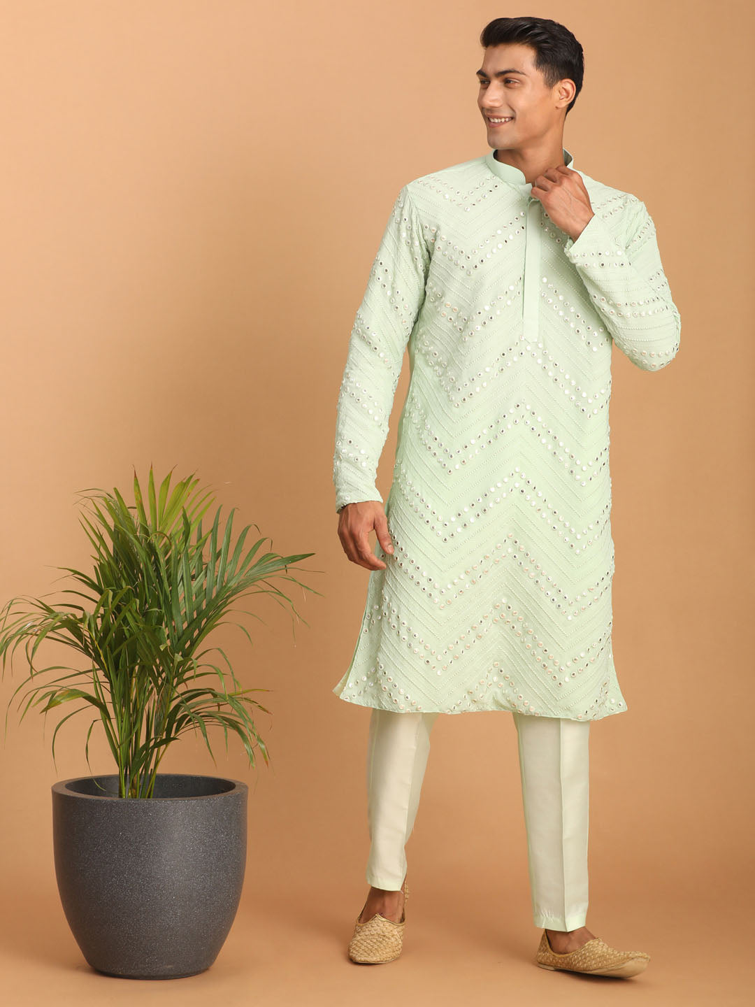 Men's Mint Green Mirror Kurta Pant Set