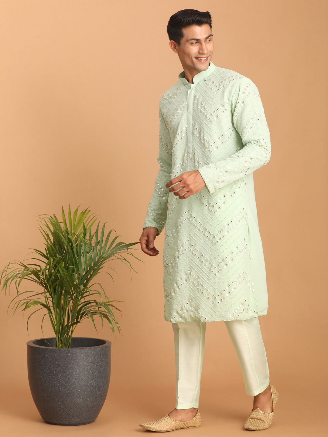 Men's Mint Green Mirror Kurta Pant Set