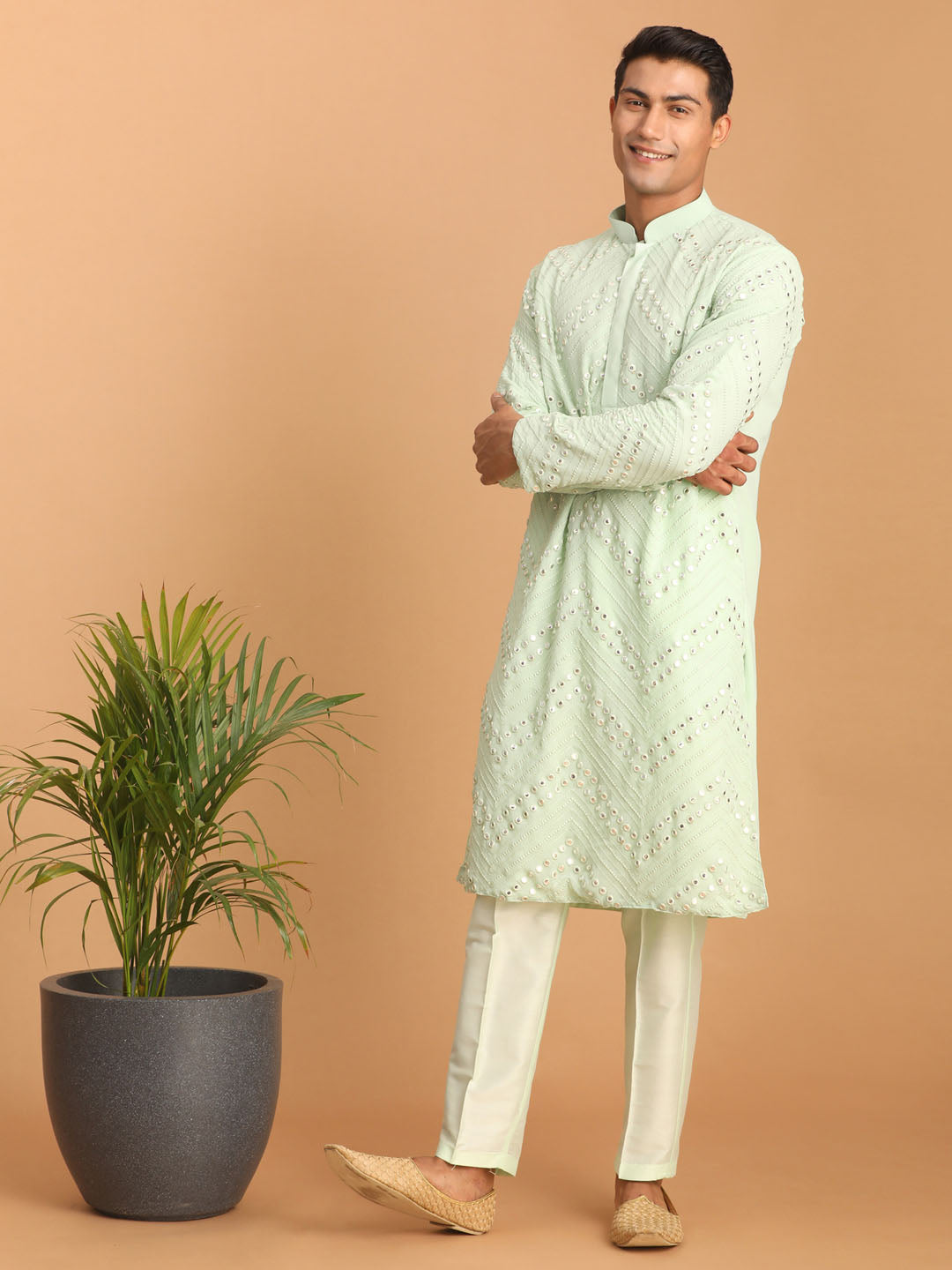 Men's Mint Green Mirror Kurta Pant Set