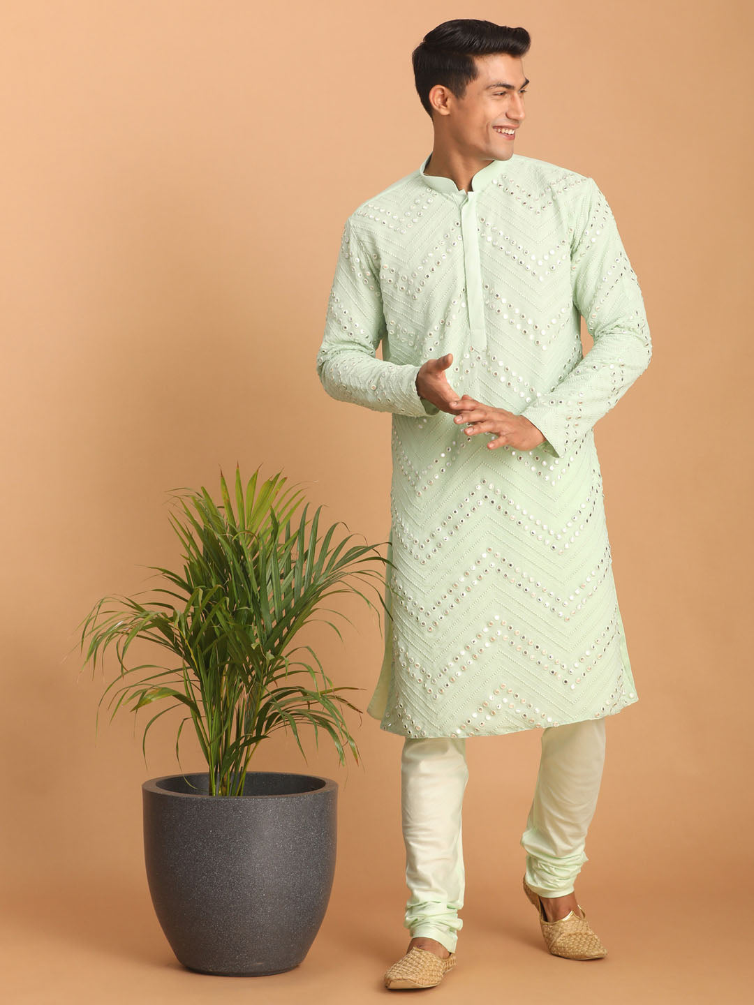 Men's Mint Green Mirror Kurta Pyjama Set