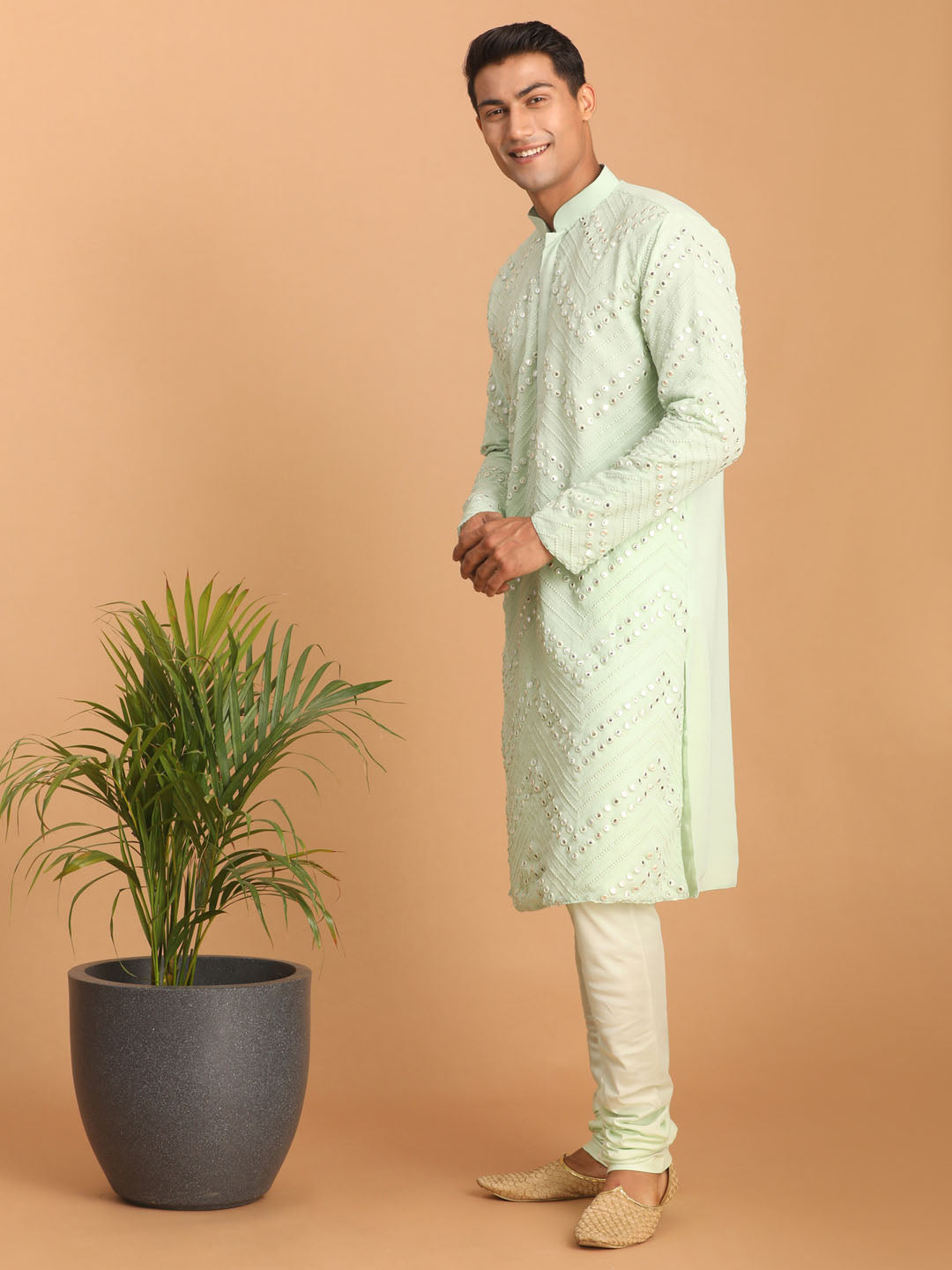 Men's Mint Green Mirror Kurta Pyjama Set