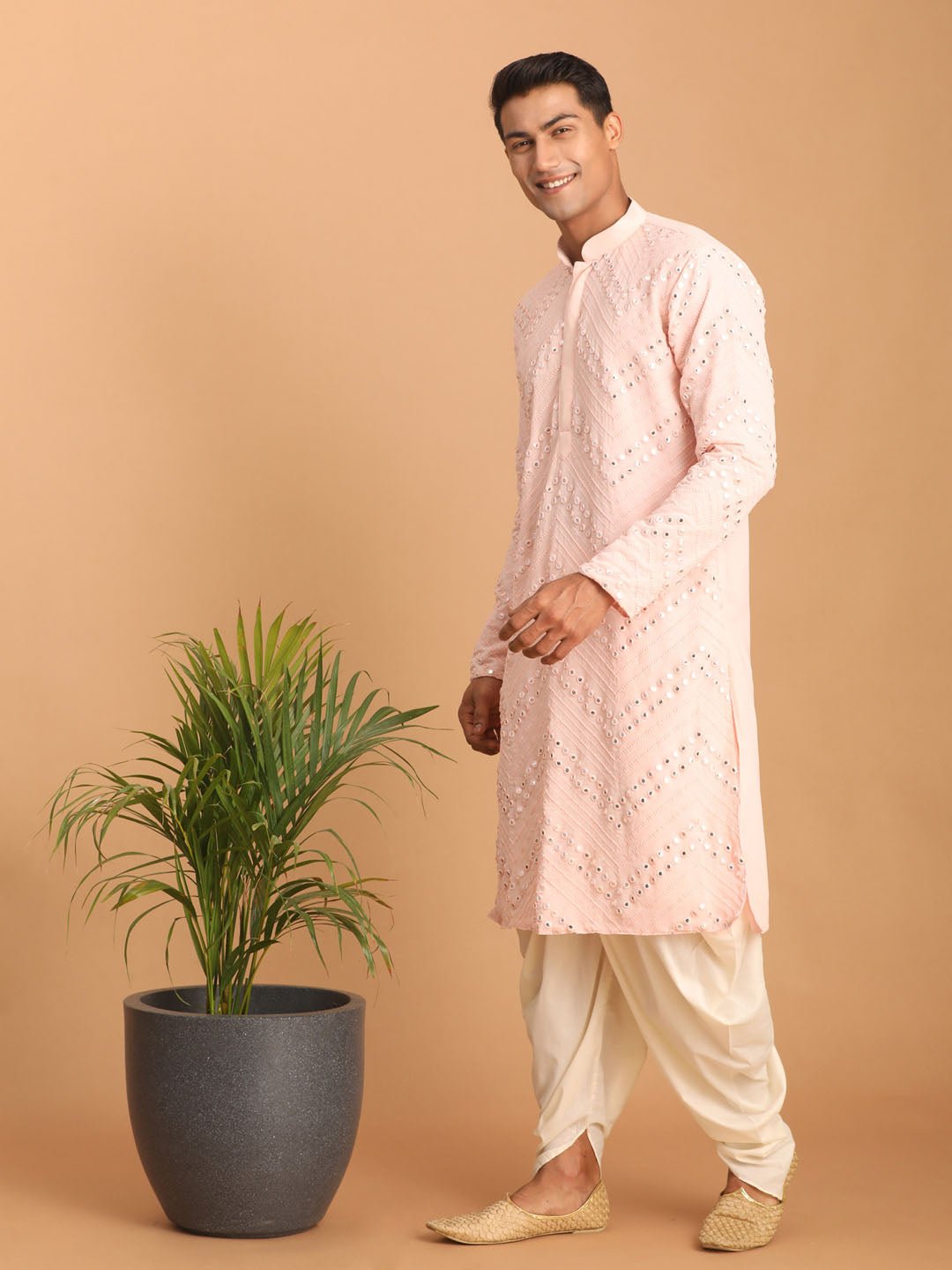 Men's Pink Mirror Kurta Dhoti Set