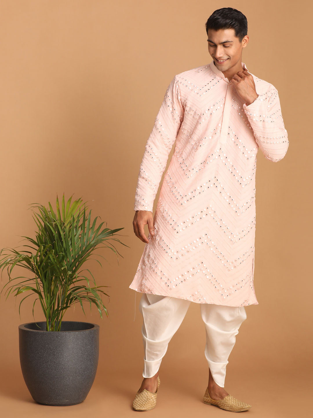 Men's Pink Mirror Kurta Dhoti Set